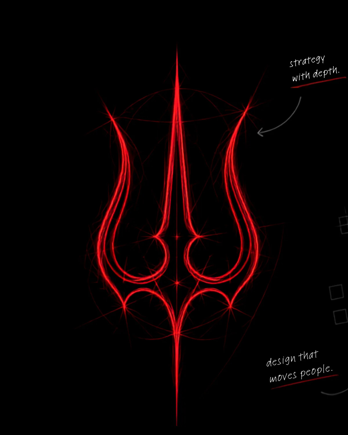 The Trisocials trishul mark drawn over its construction geometry, annotated 'strategy with depth' and 'design that moves people'