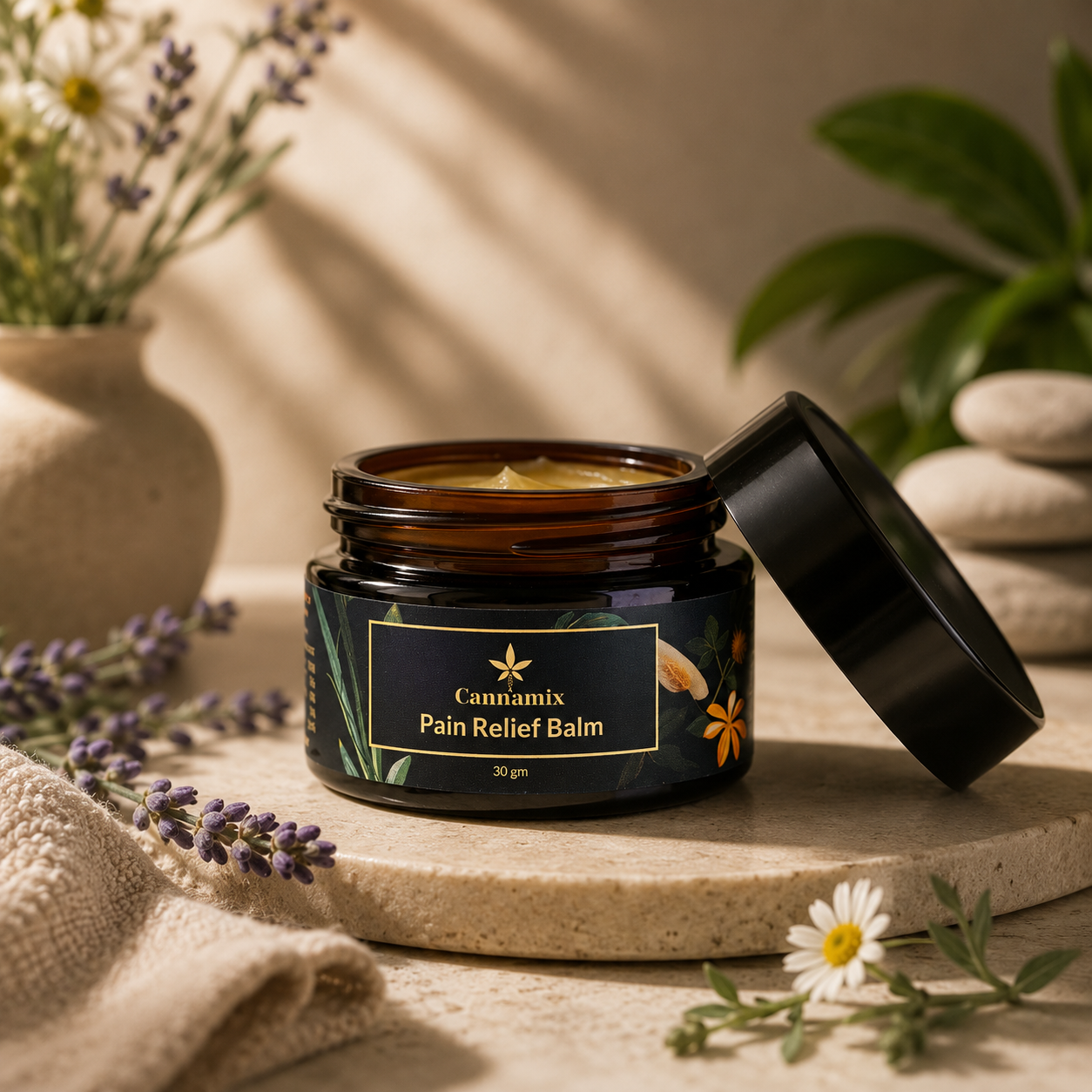 Cannamix pain relief balm jar, open