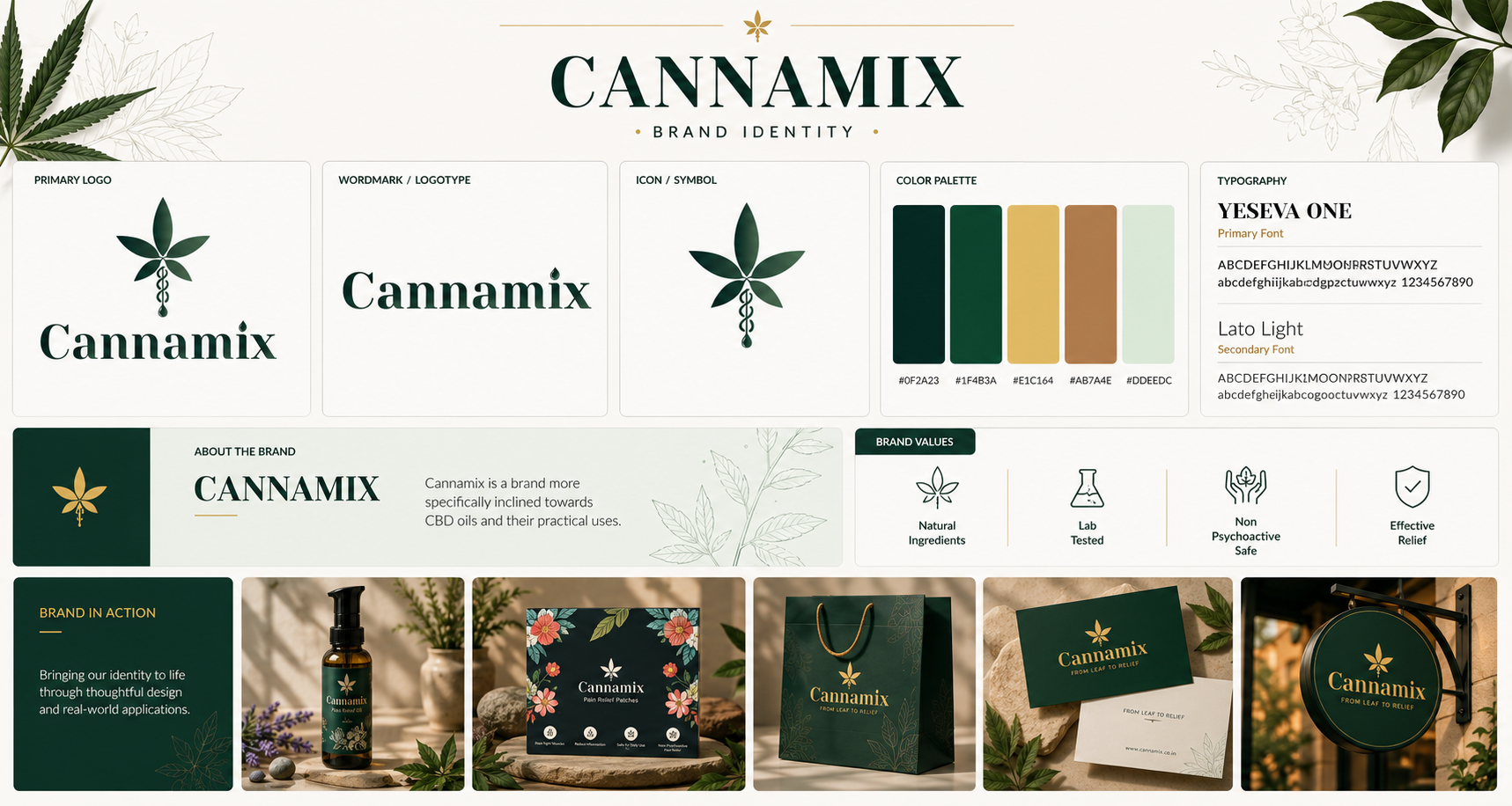 Cannamix brand identity system — logo, wordmark, palette and applications