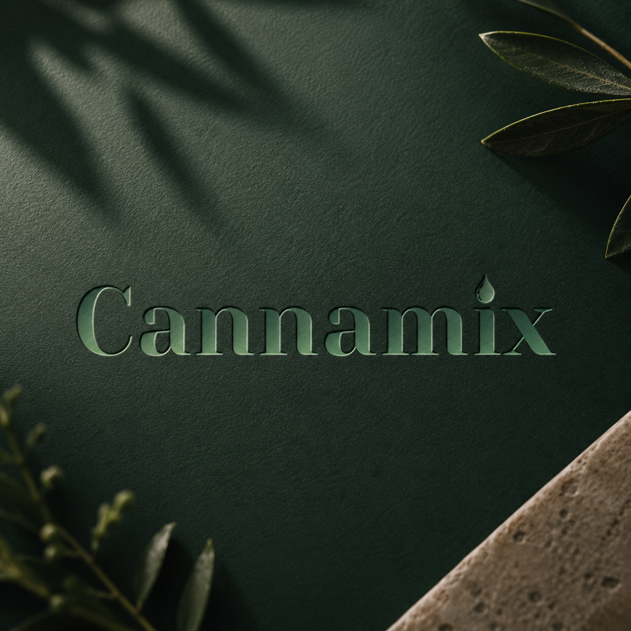 Cannamix wordmark embossed on deep green material