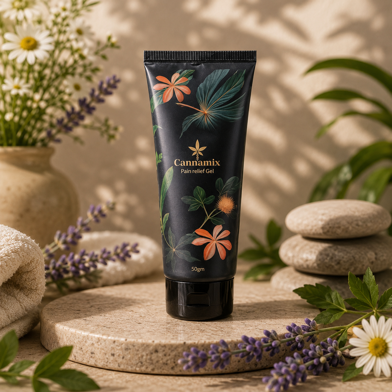 Cannamix pain relief gel tube with botanical print