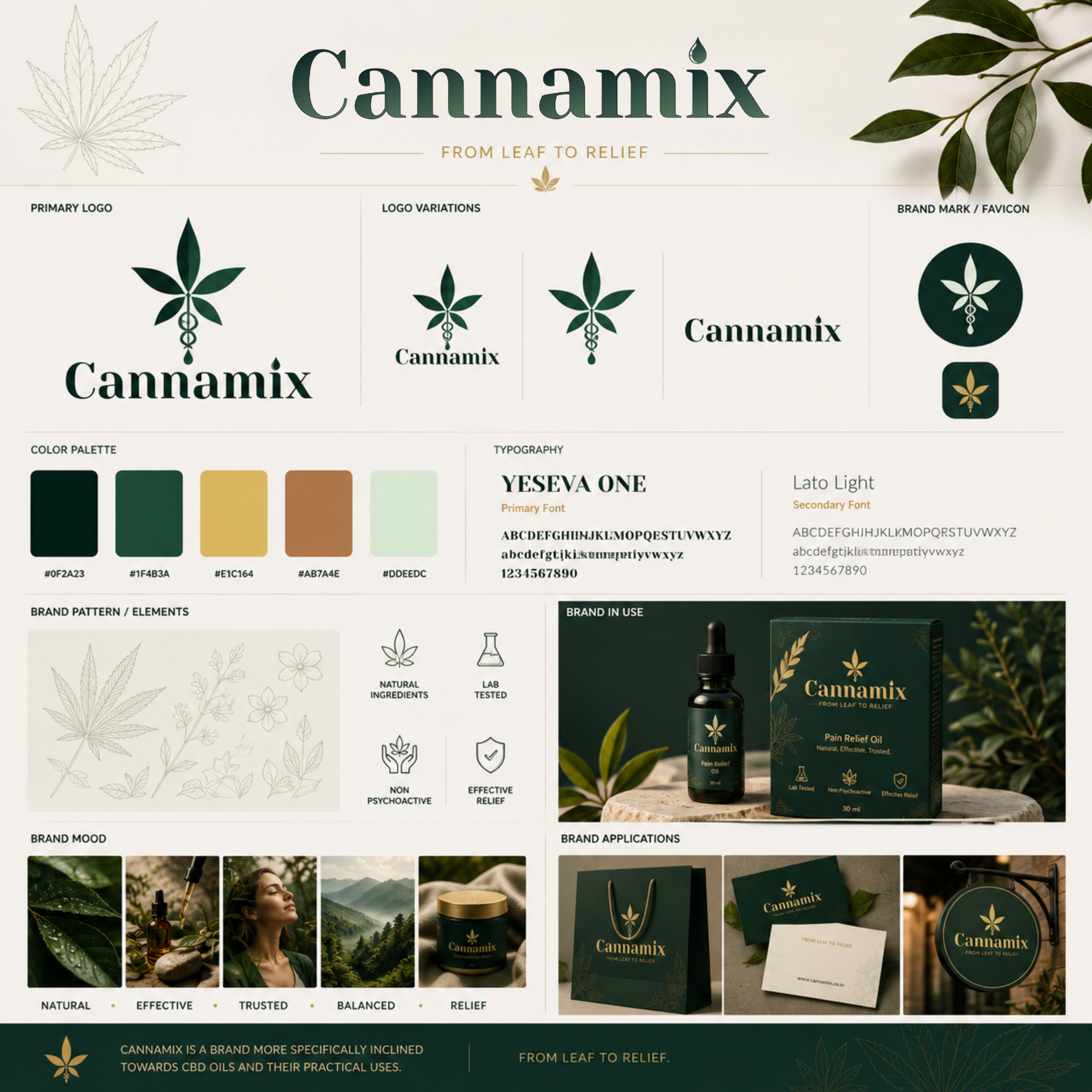Cannamix brand identity board — logo, variations, palette and applications