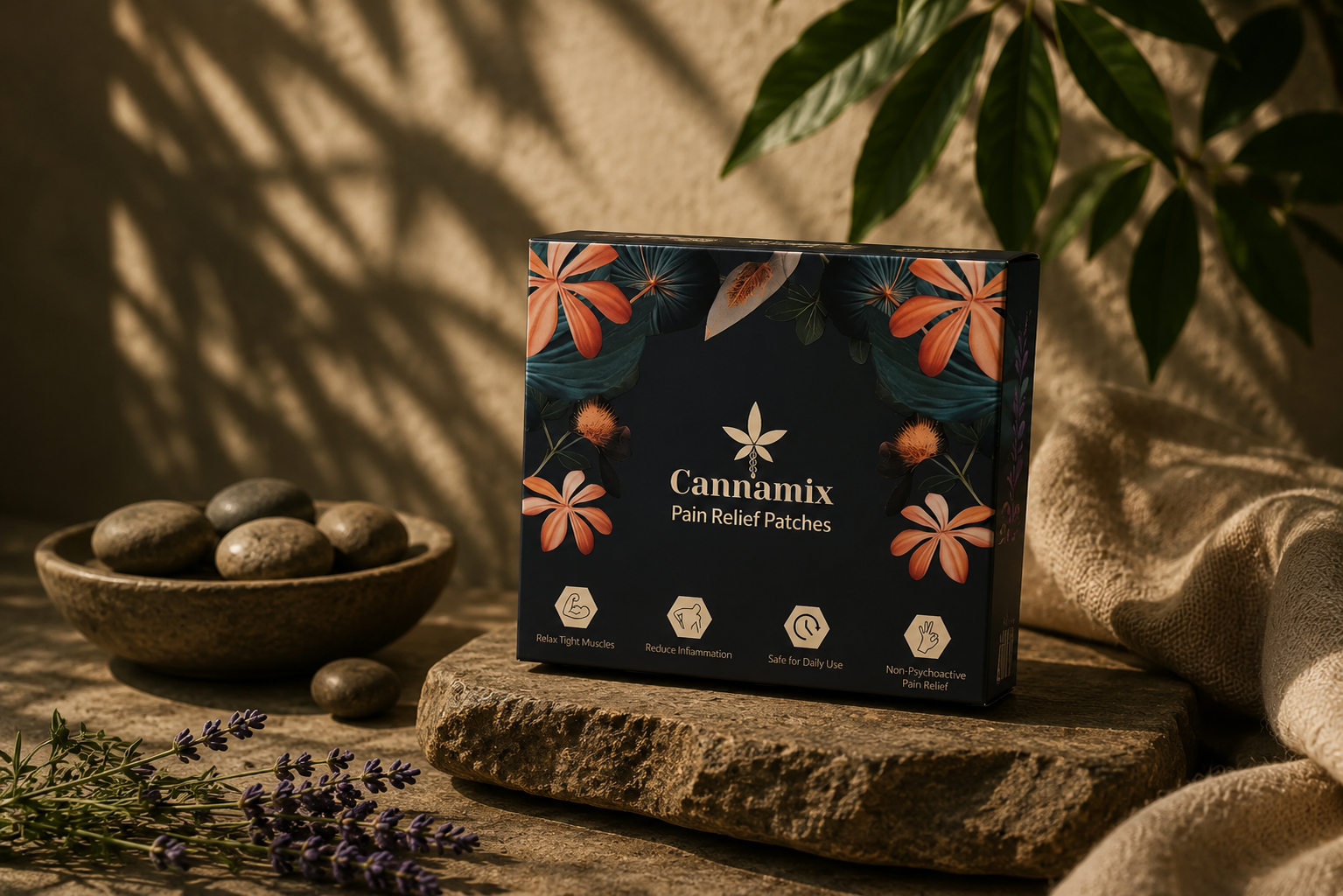 Cannamix pain relief patches box with botanical illustration