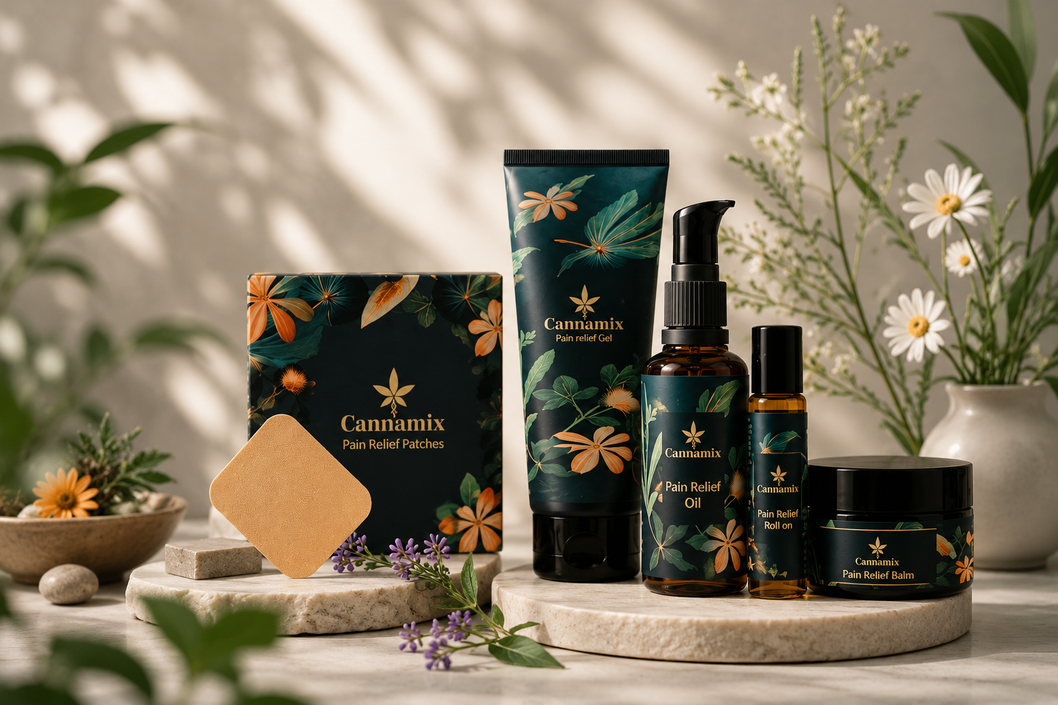 The full Cannamix pain relief range — patches, gel, oil, roll-on and balm