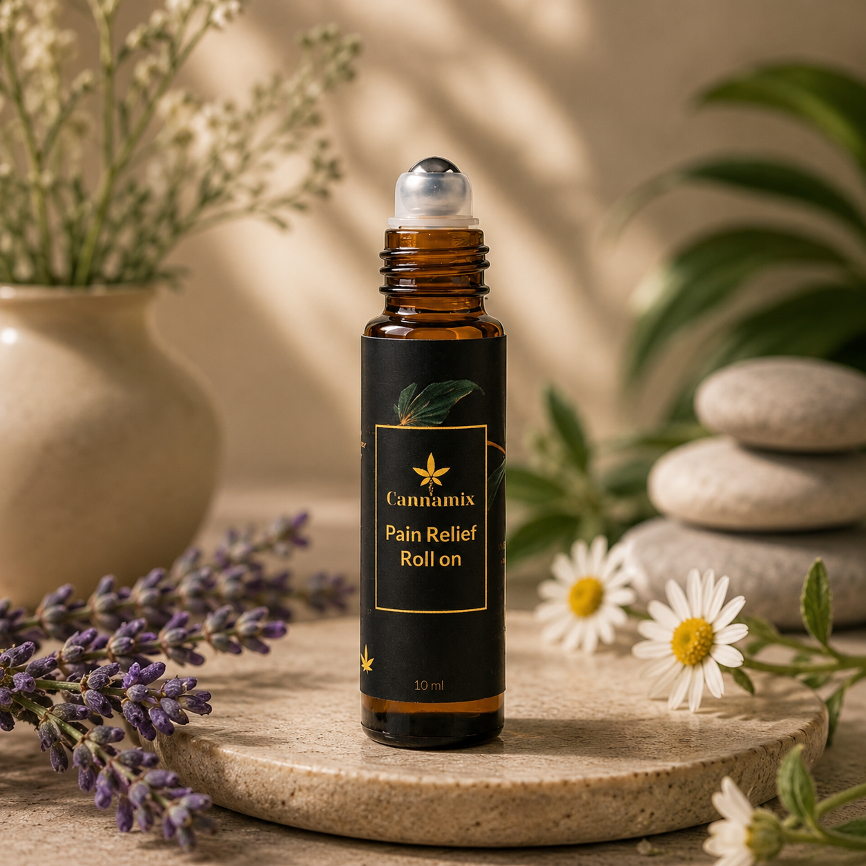 Cannamix pain relief roll-on in amber glass