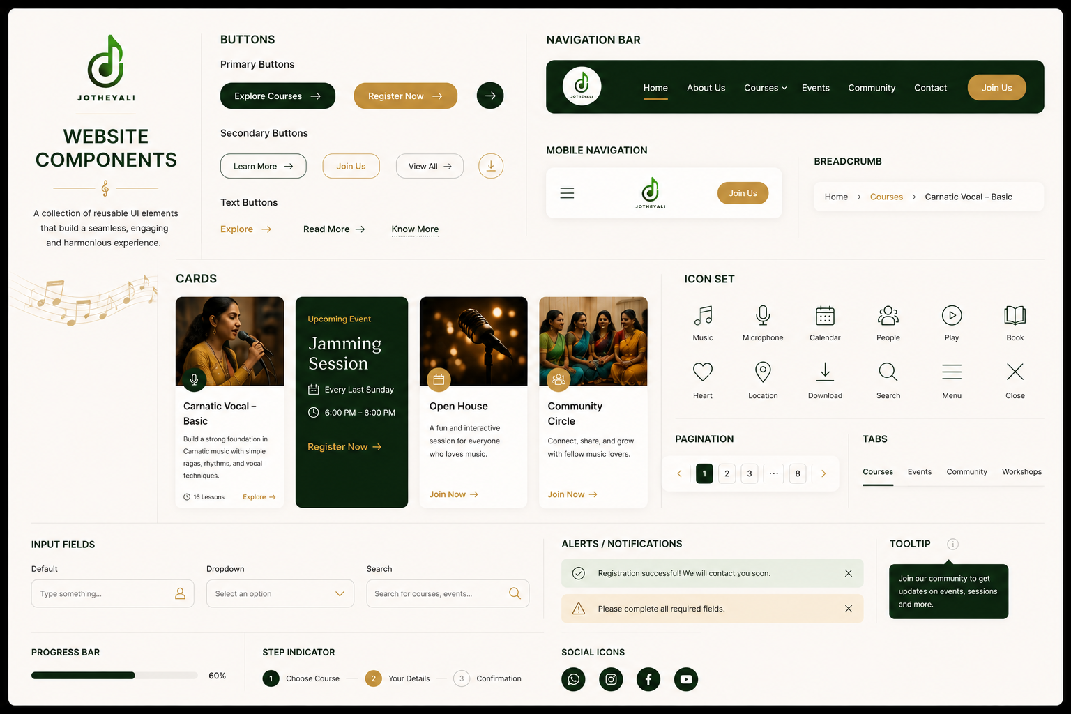 Jotheyali website component library — buttons, cards, navigation, forms