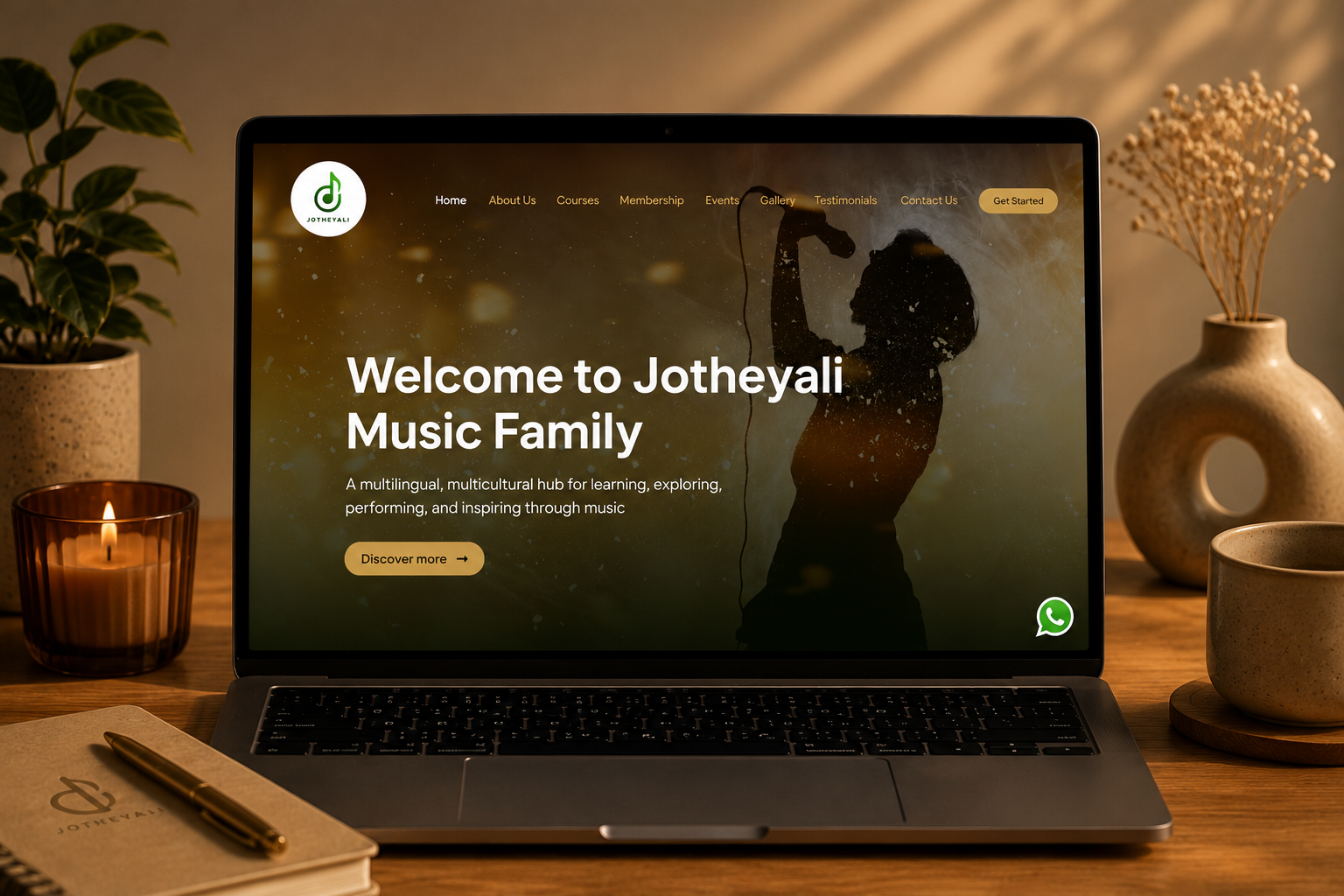 Jotheyali homepage on a laptop in warm evening light