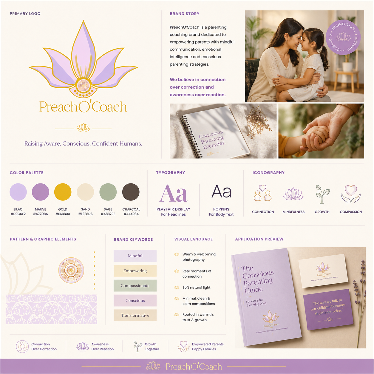 PreachOCoach brand board — primary logo, palette, typography and iconography
