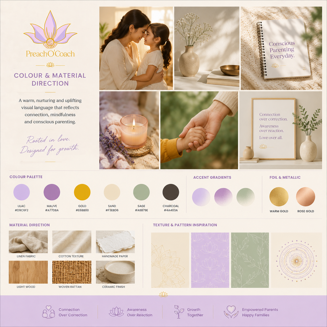 PreachOCoach colour and material direction — lilac, mauve, gold, linen and handmade paper