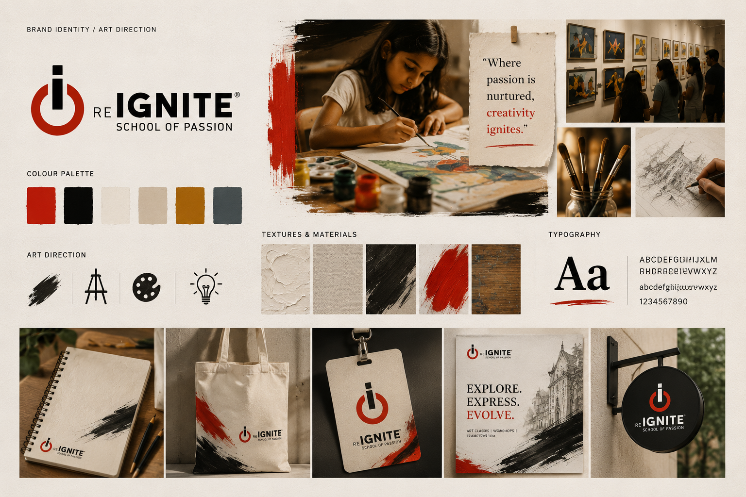 Reignite brand identity and art direction board — palette, textures, typography and applications