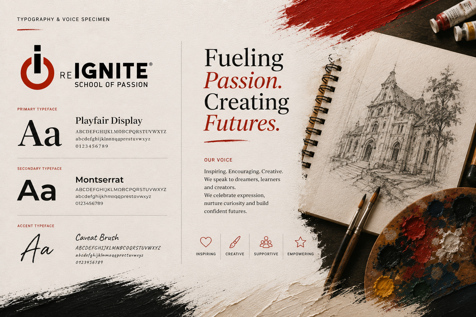 Reignite typography and voice specimen — Playfair Display, Montserrat, Caveat Brush