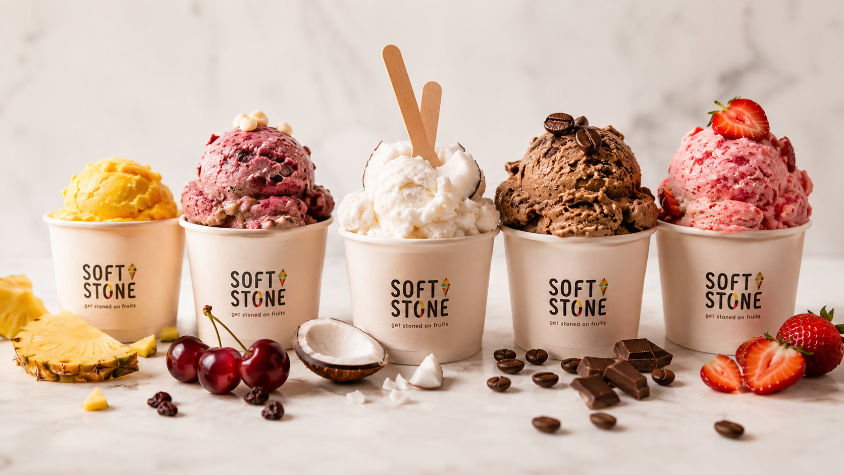 Softstone ice cream cups line-up with fresh fruit