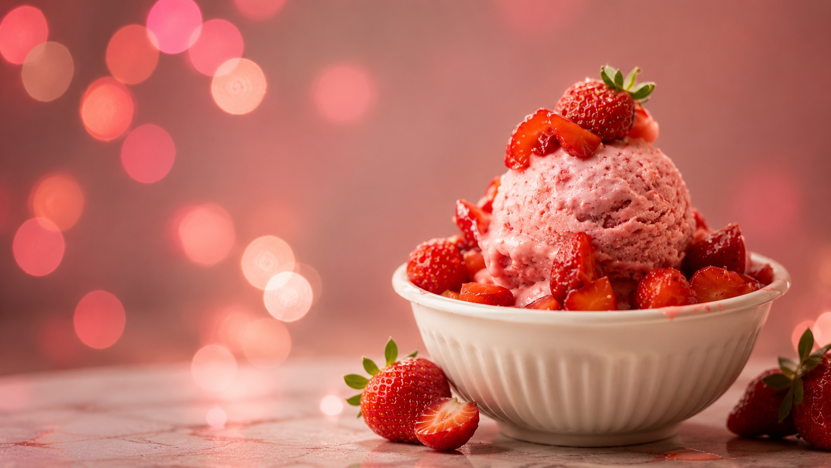 Strawberry ice cream with fresh strawberries in a white bowl