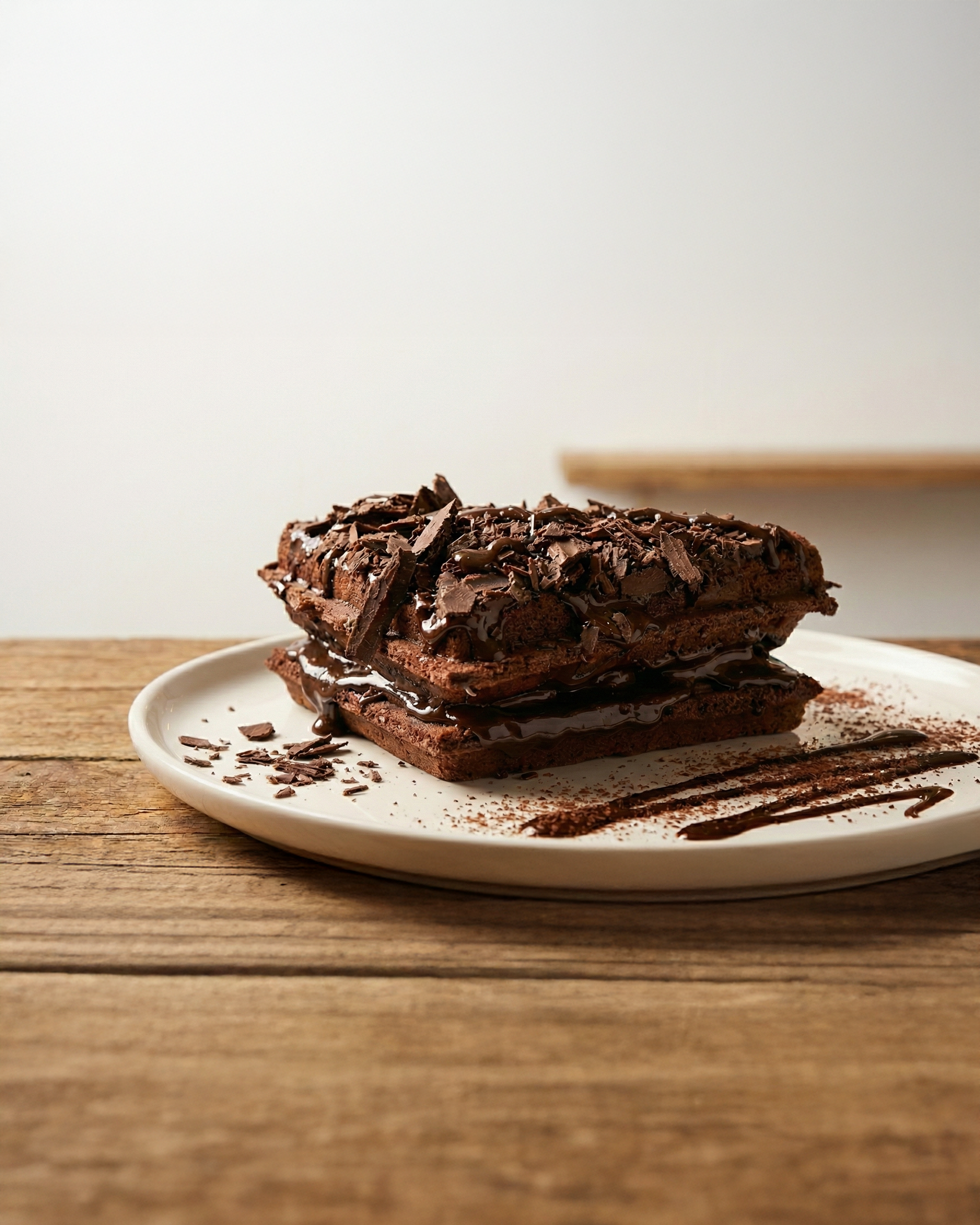 Double chocolate waffle stack with chocolate shavings