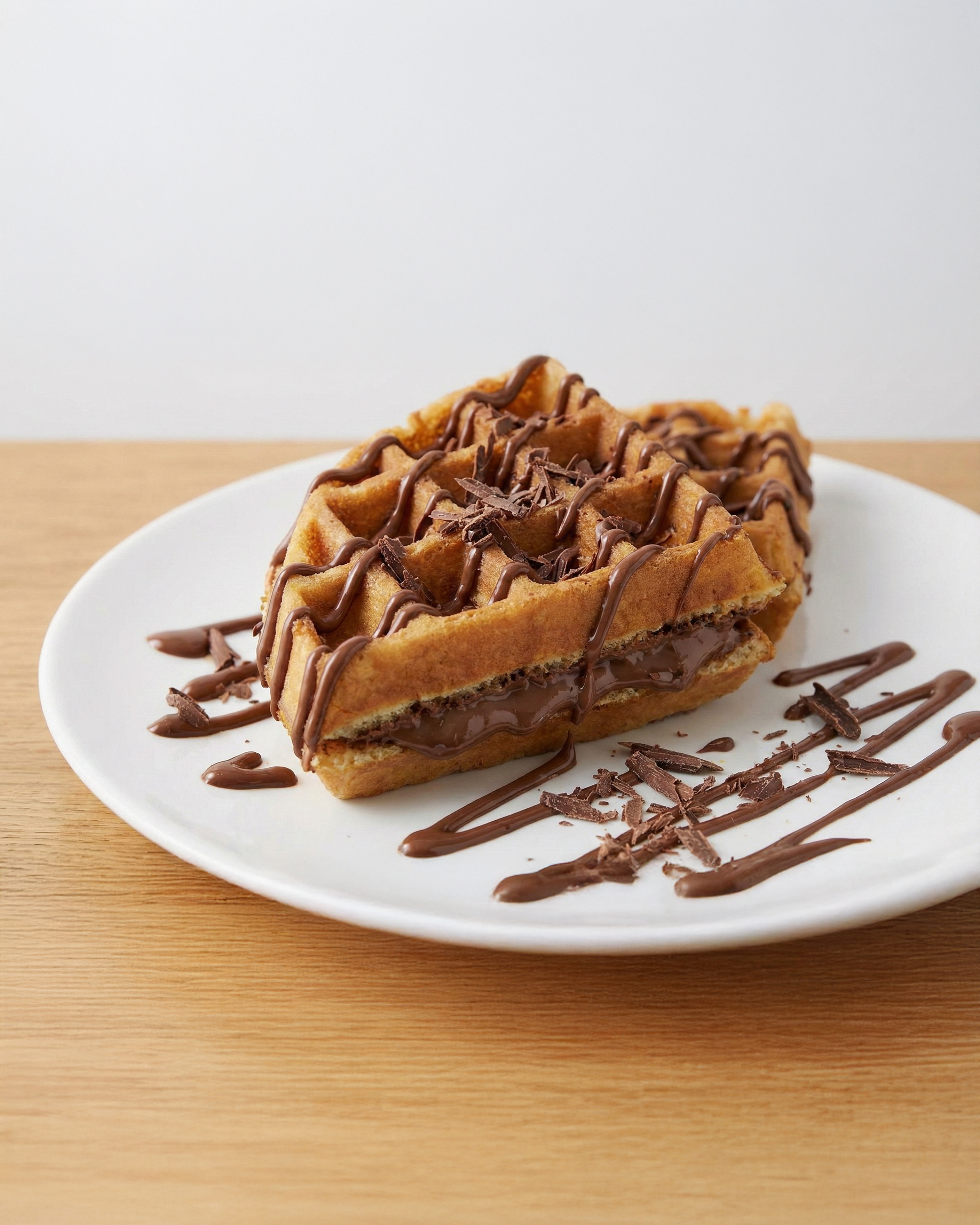 Waffle sandwich with chocolate hazelnut filling on a white plate