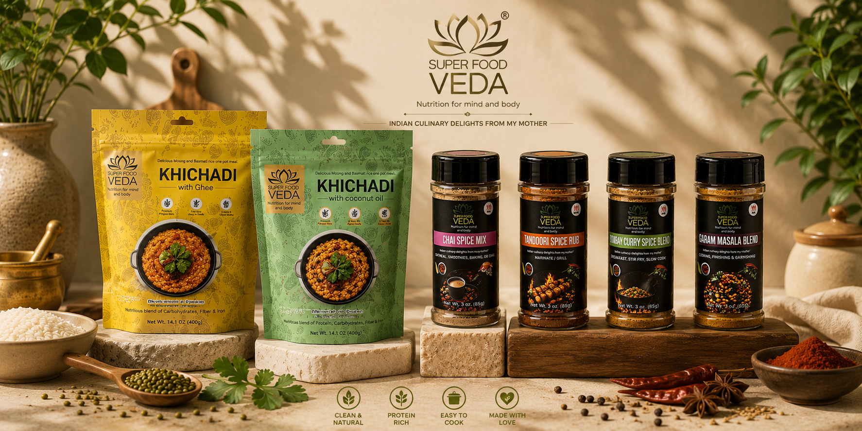 SuperFoodVeda packaging range on a dark spice-strewn surface