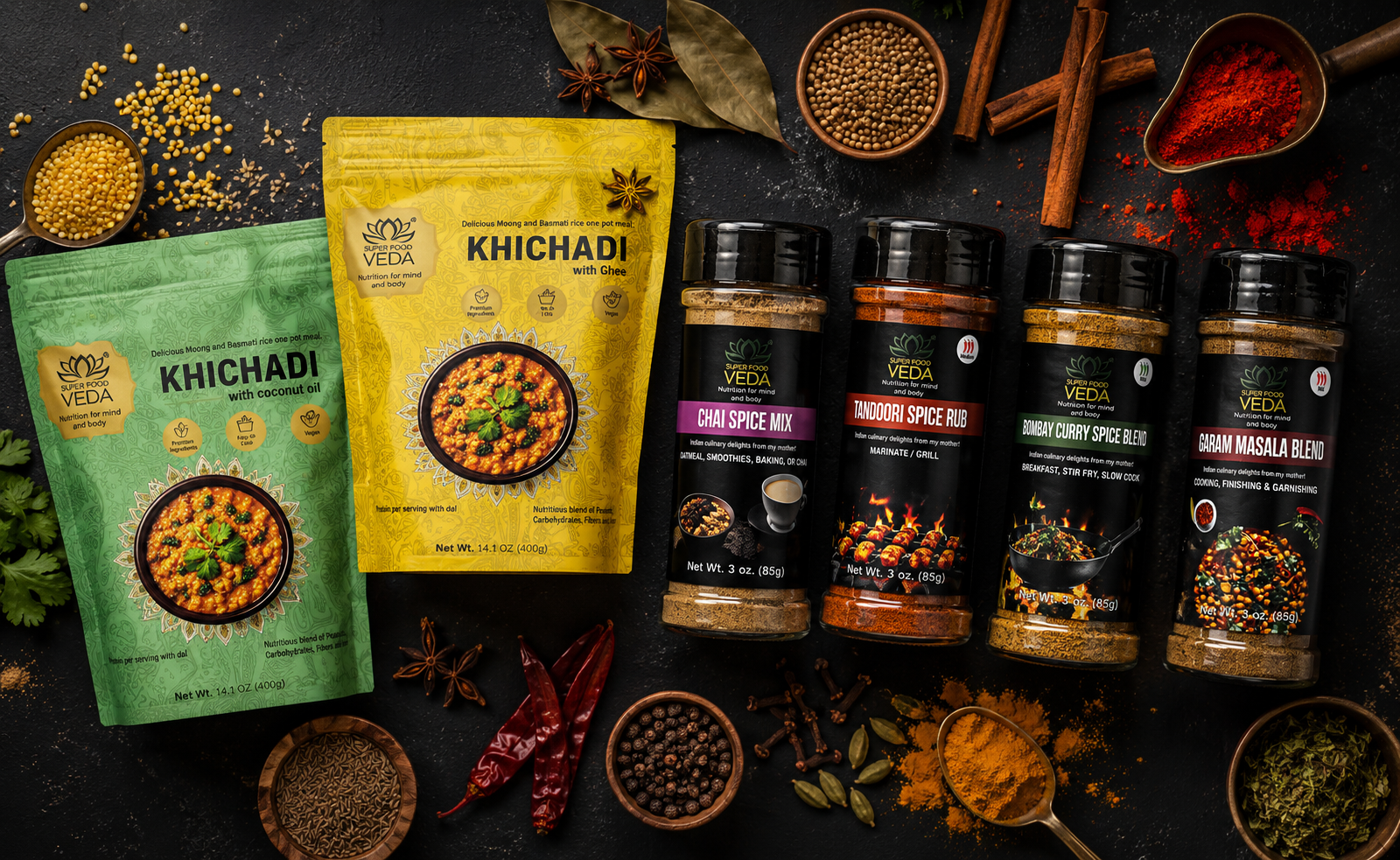 The redesigned SuperFoodVeda range — khichadi pouches and spice jars on a dark spice-strewn surface
